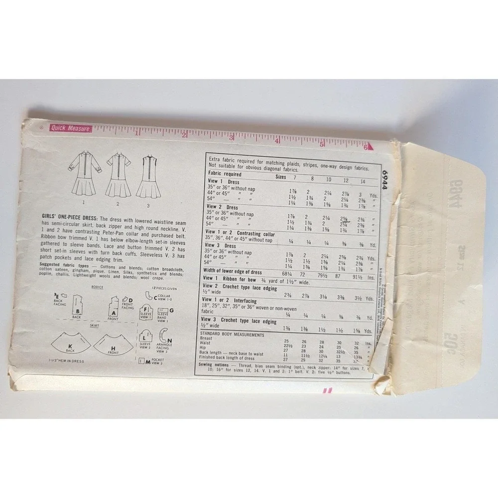 UC/FF Simplicity 6944 Girls Sewing Pattern Size 12 Bust 30 VTG Drop Waist Dress